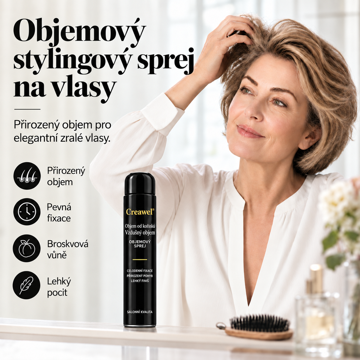 ⏳🔥 ČASOVĚ OMEZENÁ SLEVA 70 %! ⏰ Creawel®🎉 RootLift AirVolume Stylingový Sprej S Broskvovou Vůní – Okamžitý Objem Od Kořínků, Plnější Vzhled Vlasů A Pružná Fixace Po Celý Den