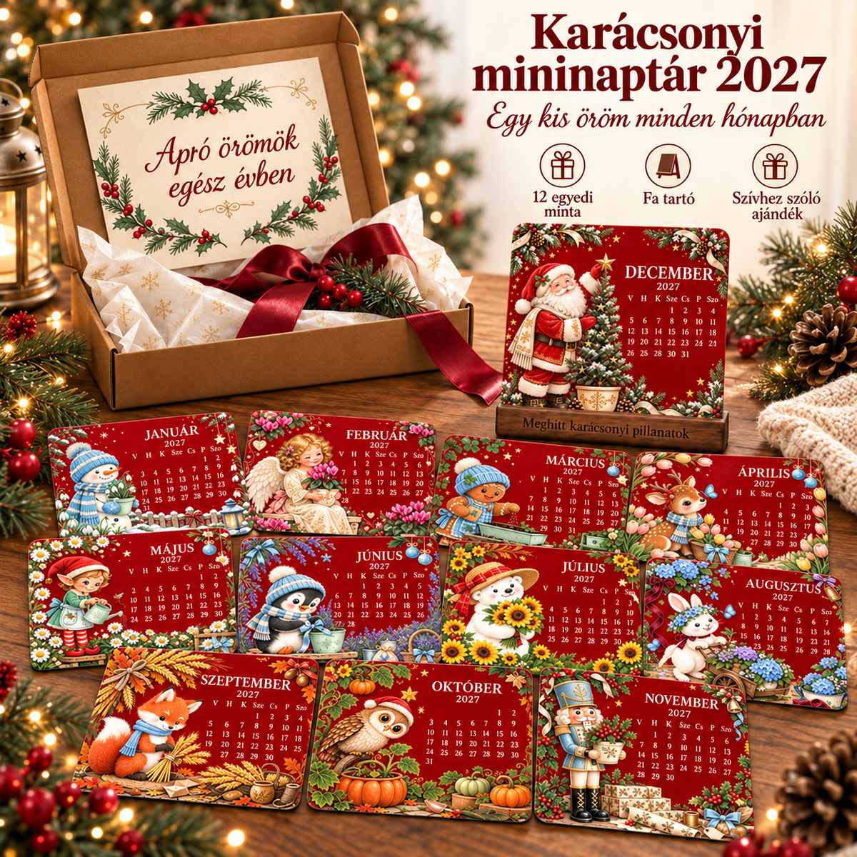 Vánoční limitovaná edice – BILLHOL® 🎄 Timeless 2027 | Prémiový stolní kalendář z papíru se semínky s dřevěným stojánkem