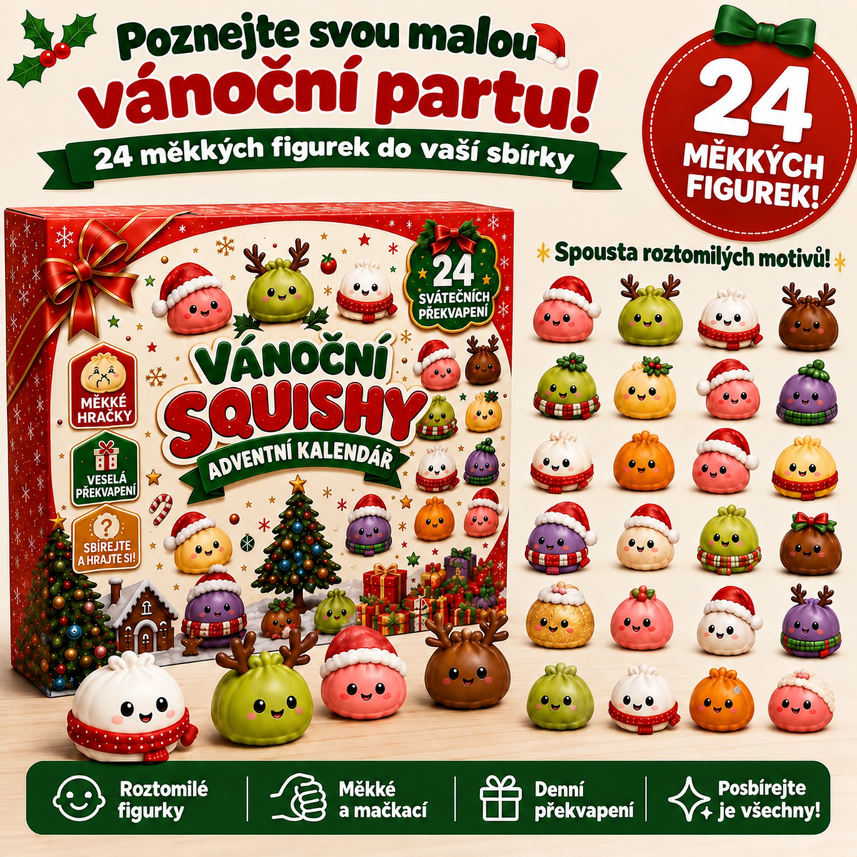 BILLHOL® 🎄 Vánoční Squishy adventní kalendář – 24 dní plných roztomilých překvapení a měkkých figurek